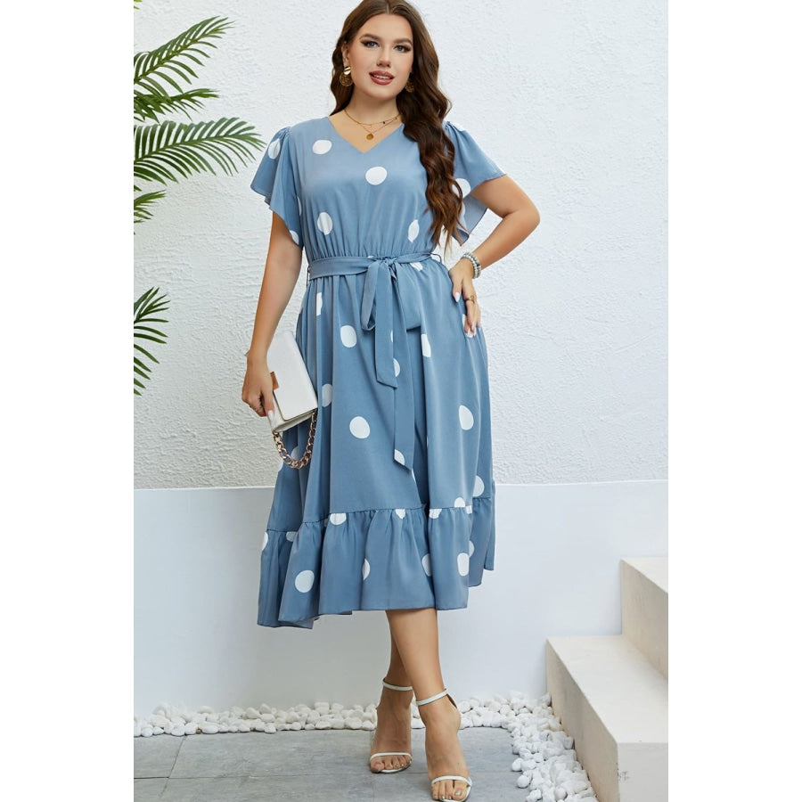 Polka Dot Belted Flutter Sleeve Ruffle Hem Dress Misty Blue / 1X