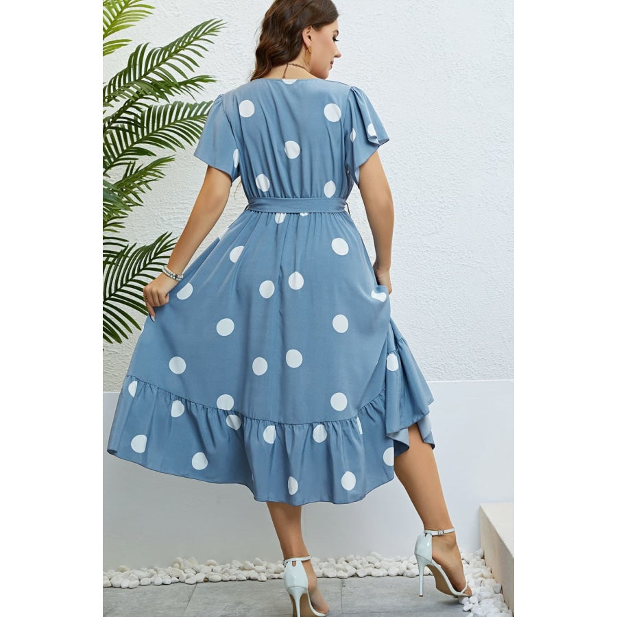 Polka Dot Belted Flutter Sleeve Ruffle Hem Dress