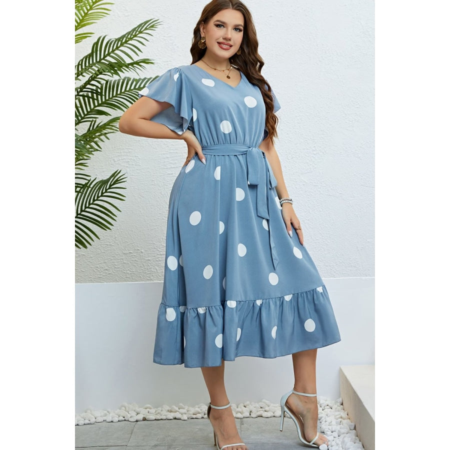 Polka Dot Belted Flutter Sleeve Ruffle Hem Dress