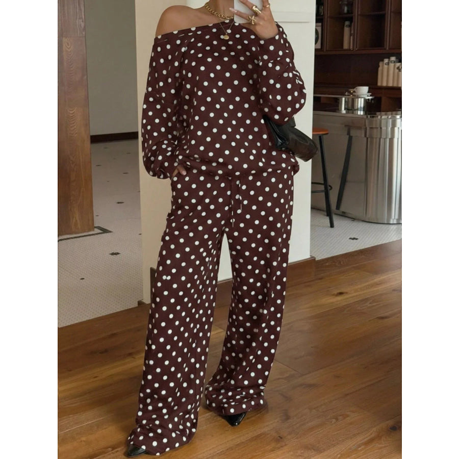 Polka Dot Boat Neck Top and Pants Set Apparel Accessories