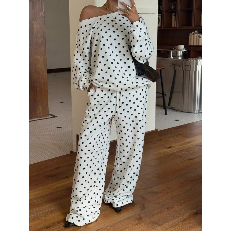 Polka Dot Boat Neck Top and Pants Set Apparel Accessories