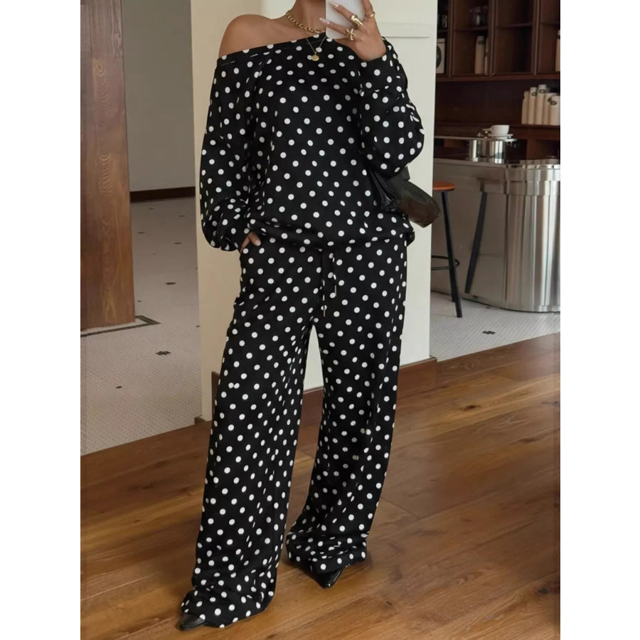 Polka Dot Boat Neck Top and Pants Set Black / S Apparel Accessories