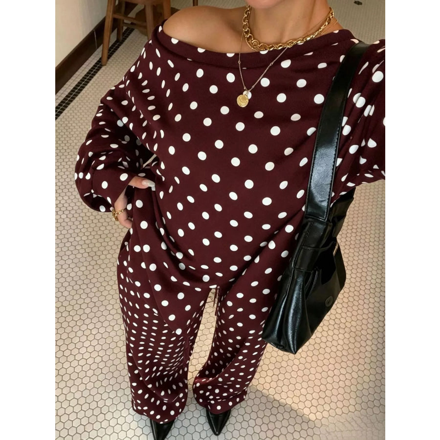 Polka Dot Boat Neck Top and Pants Set Burgundy / S Apparel Accessories