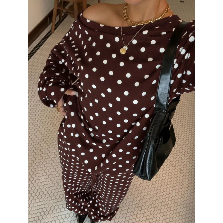 Polka Dot Boat Neck Top and Pants Set Chocolate / S Apparel Accessories