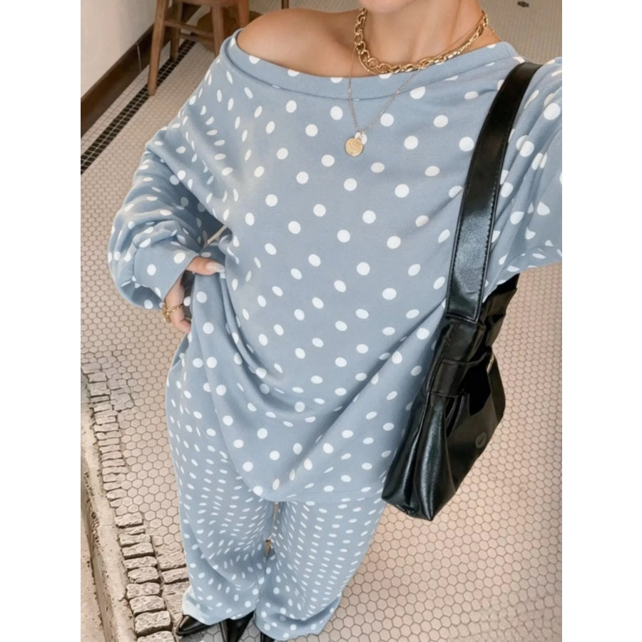 Polka Dot Boat Neck Top and Pants Set Pastel Blue / S Apparel Accessories
