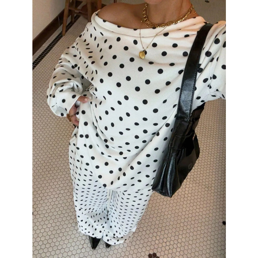 Polka Dot Boat Neck Top and Pants Set White / S Apparel Accessories