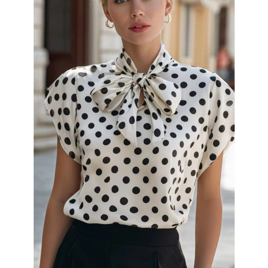 Polka Dot Bow Tie Blouse White / S Apparel and Accessories