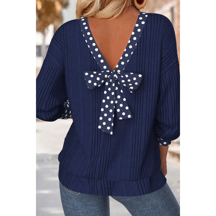 Polka Dot Bowknot Long Sleeve Blouse Navy / S Apparel and Accessories