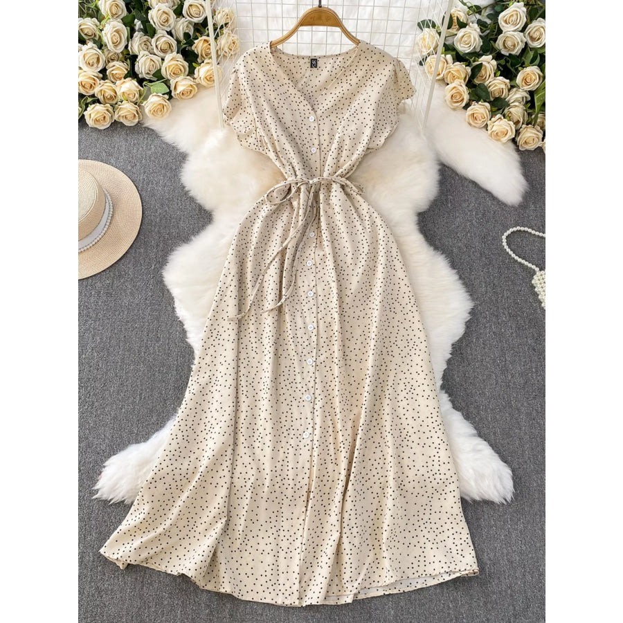Polka Dot Button-Down Dress Apricot / One Size Apparel and Accessories