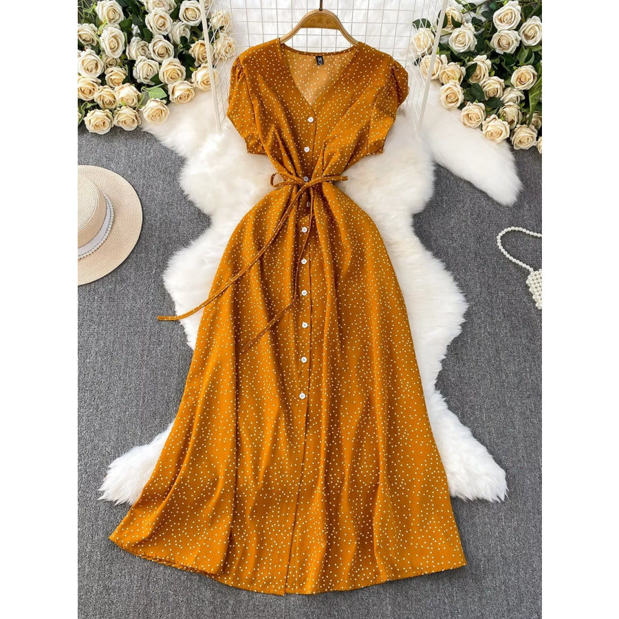 Polka Dot Button-Down Dress Dark Yellow / One Size Apparel and Accessories