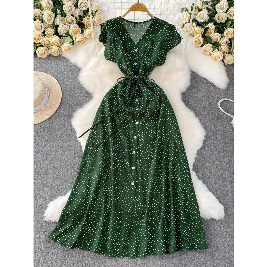 Polka Dot Button-Down Dress Green / One Size Apparel and Accessories