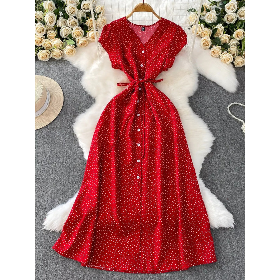 Polka Dot Button-Down Dress Red / One Size Apparel and Accessories