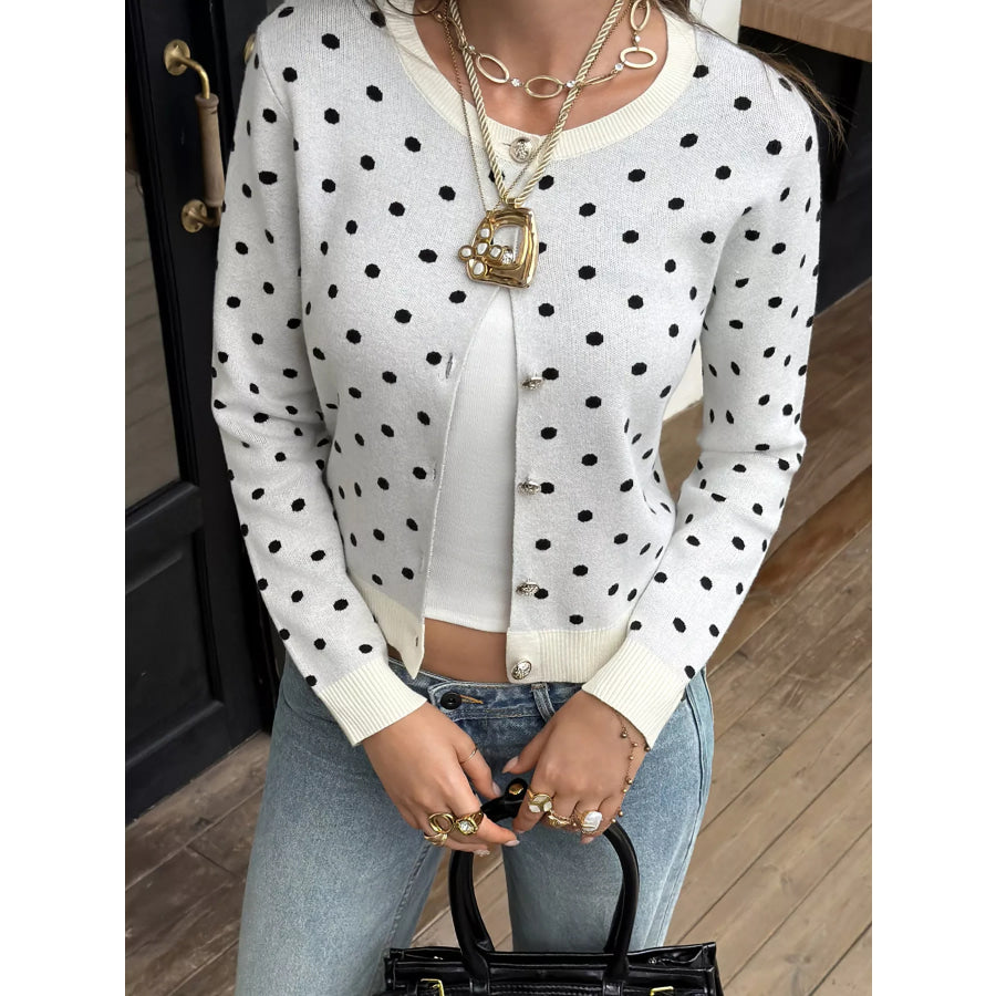 Polka Dot Button-Down Front Cardigan White / S Apparel and Accessories