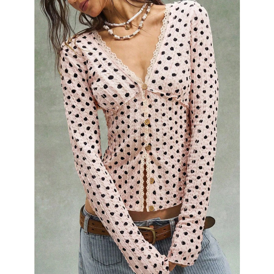 Polka Dot Button Down Textured Long Sleeve Blouse Apparel and Accessories