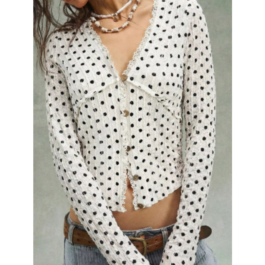 Polka Dot Button Down Textured Long Sleeve Blouse Apparel and Accessories