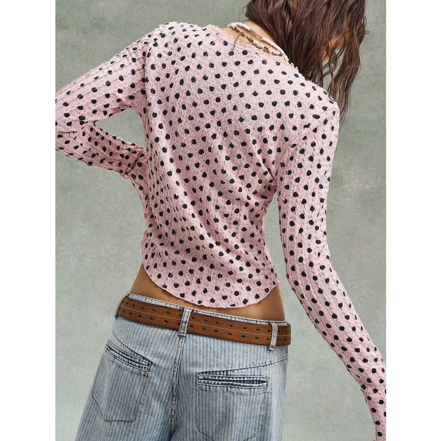 Polka Dot Button Down Textured Long Sleeve Blouse Apparel and Accessories