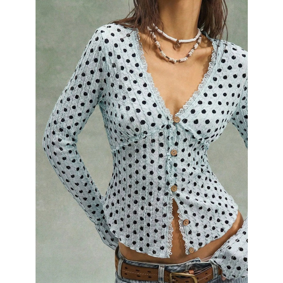 Polka Dot Button Down Textured Long Sleeve Blouse Apparel and Accessories