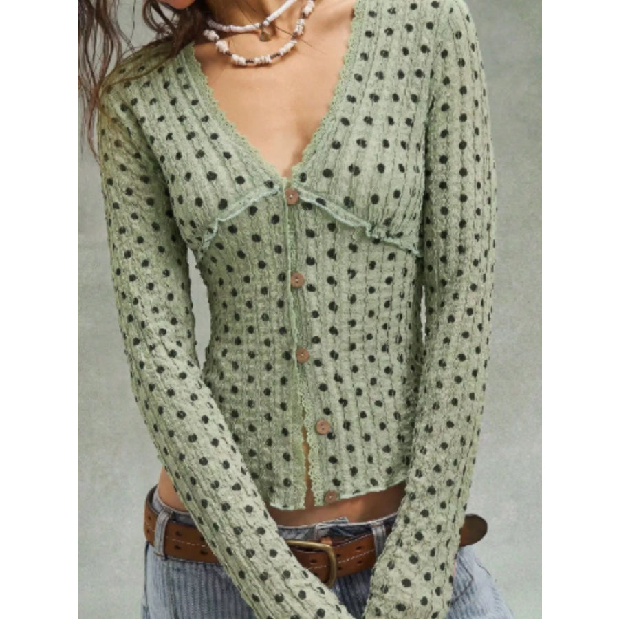 Polka Dot Button Down Textured Long Sleeve Blouse Apparel and Accessories