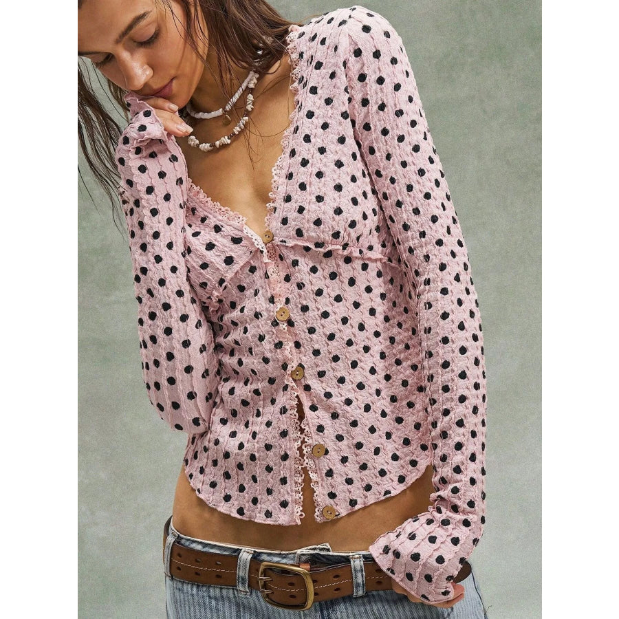 Polka Dot Button Down Textured Long Sleeve Blouse Apparel and Accessories