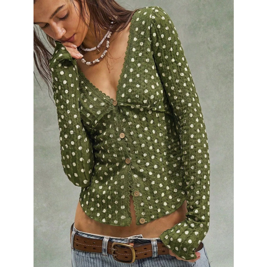 Polka Dot Button Down Textured Long Sleeve Blouse Apparel and Accessories
