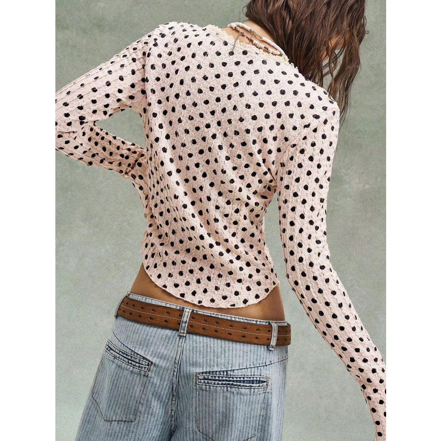 Polka Dot Button Down Textured Long Sleeve Blouse Apparel and Accessories