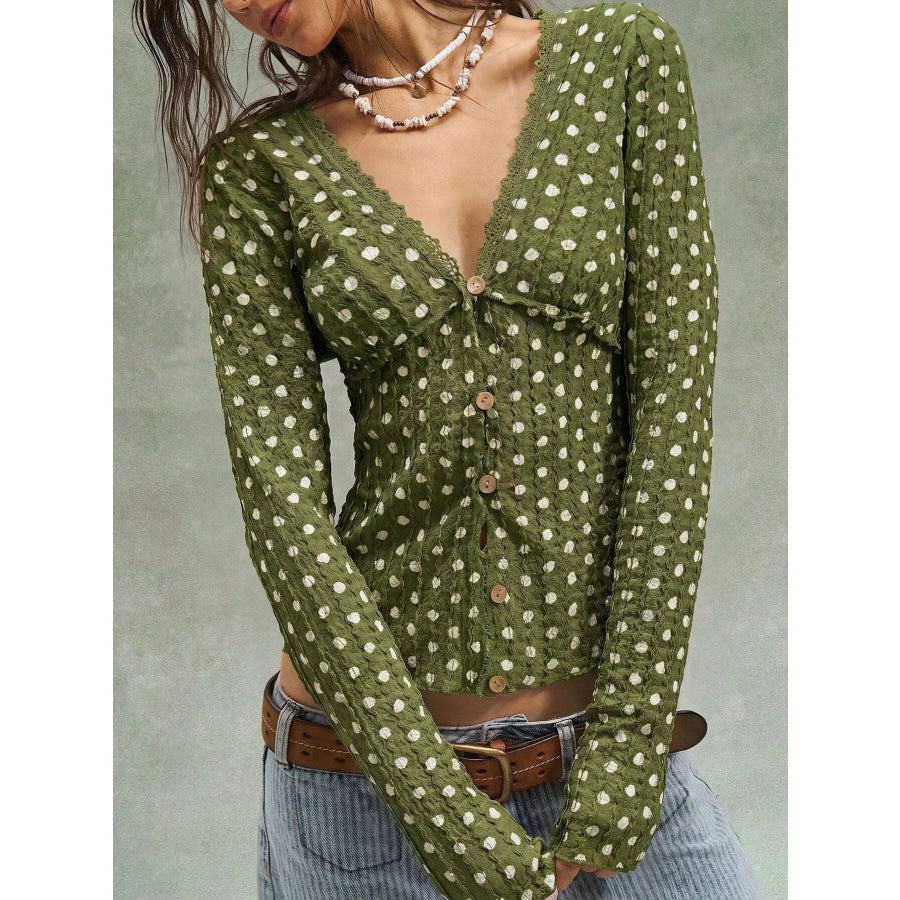 Polka Dot Button Down Textured Long Sleeve Blouse Apparel and Accessories