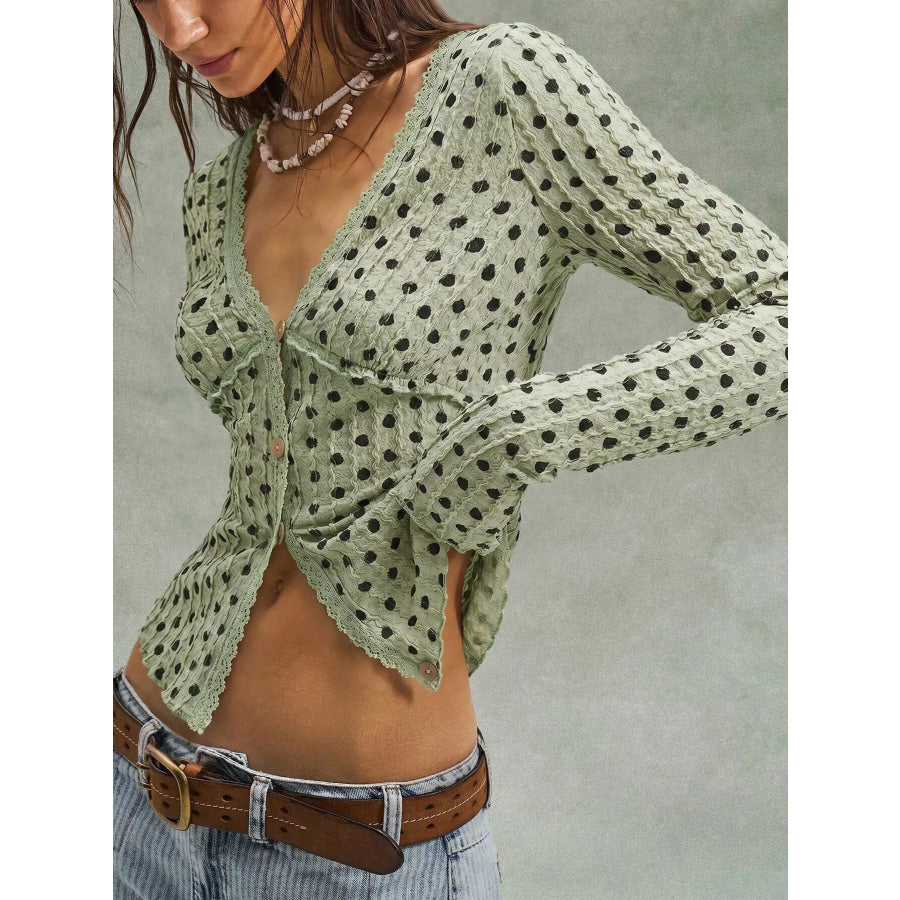 Polka Dot Button Down Textured Long Sleeve Blouse Light Green / S Apparel and Accessories