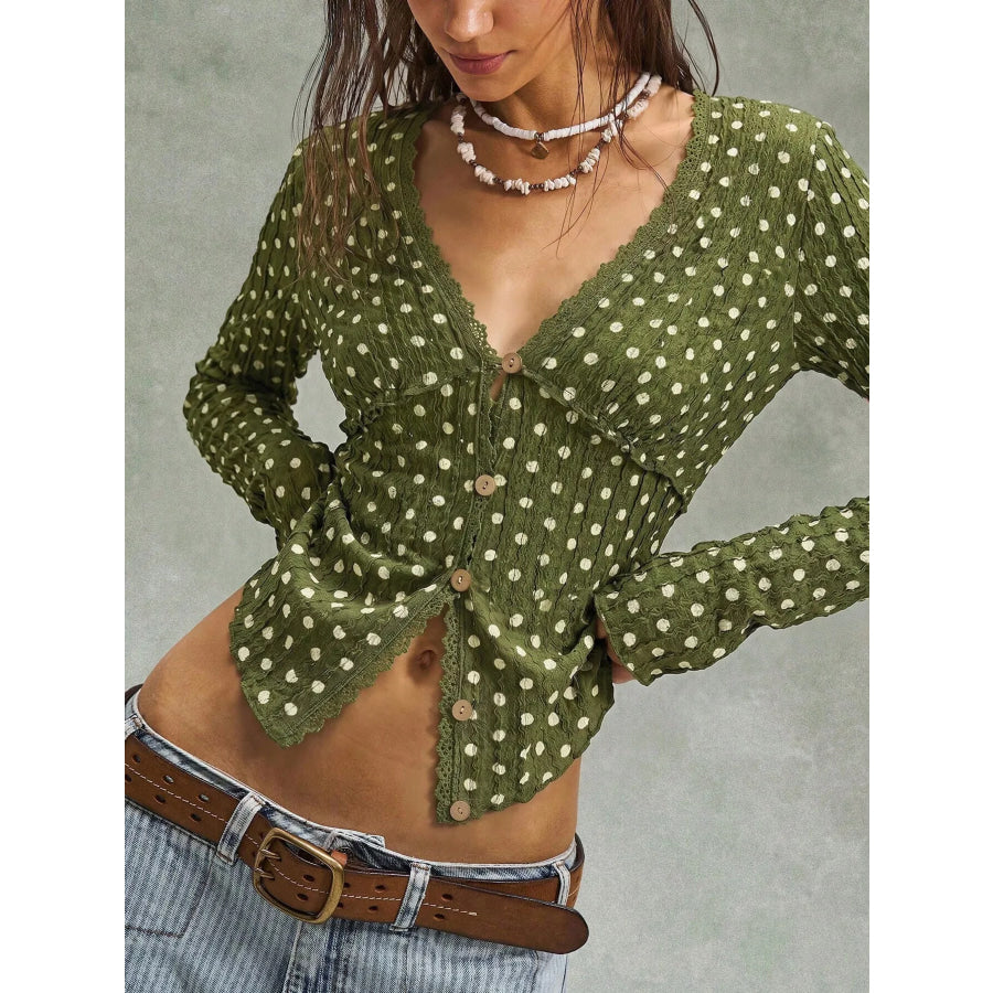 Polka Dot Button Down Textured Long Sleeve Blouse Moss / S Apparel and Accessories