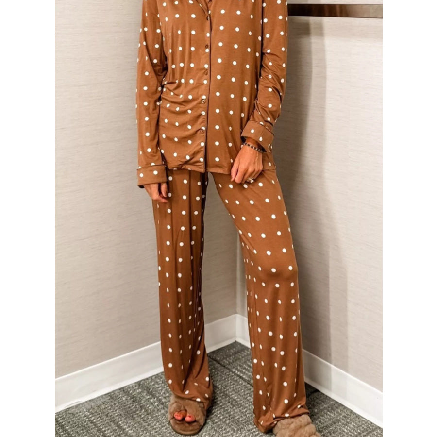 Polka Dot Button-Down Top and Pants Lounge Set Apparel Accessories