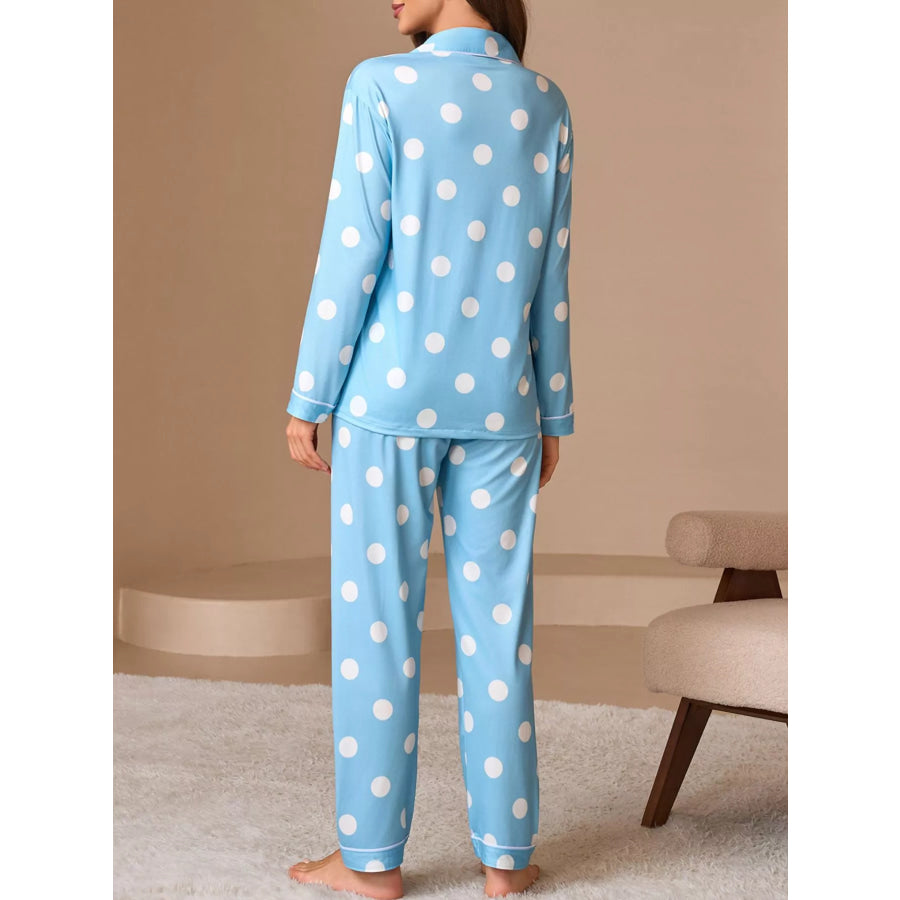 Polka Dot Button-Down Top and Pants Lounge Set Apparel and Accessories
