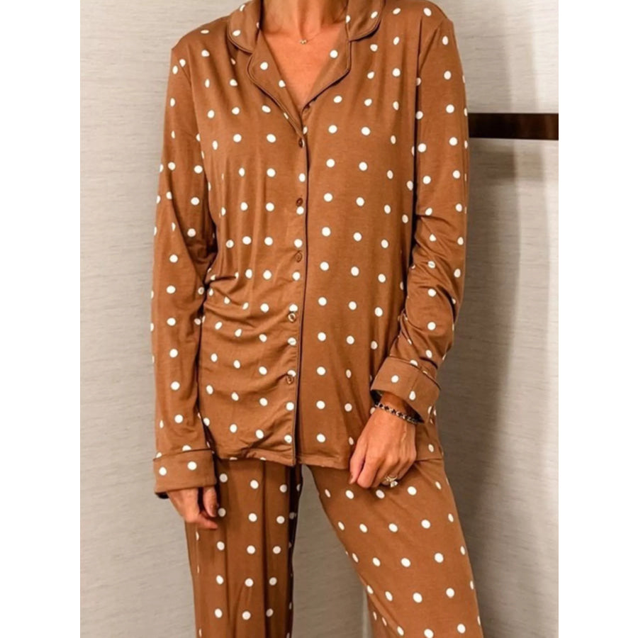 Polka Dot Button-Down Top and Pants Lounge Set Apparel Accessories