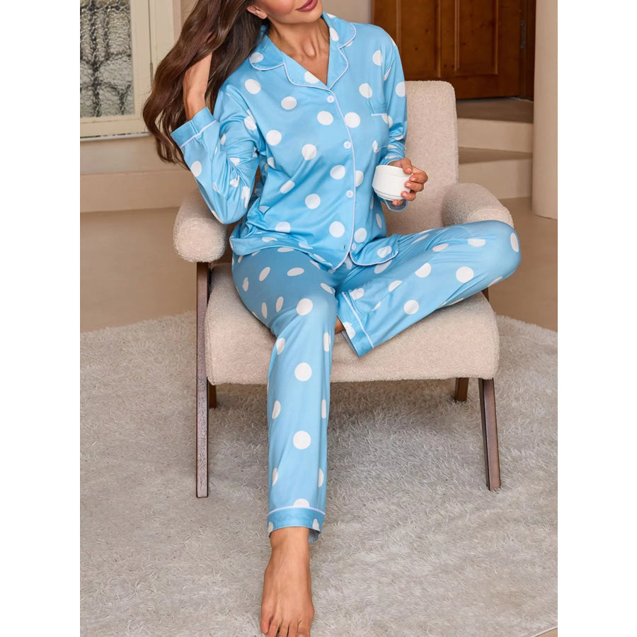 Polka Dot Button-Down Top and Pants Lounge Set Apparel and Accessories