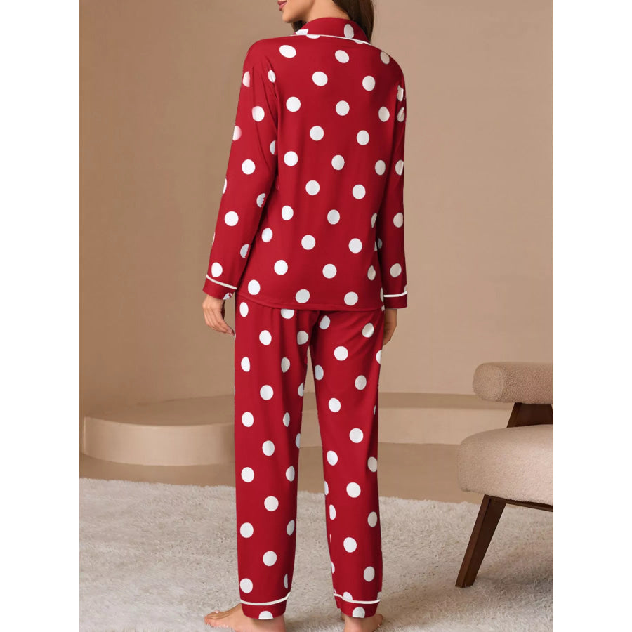 Polka Dot Button-Down Top and Pants Lounge Set Apparel and Accessories