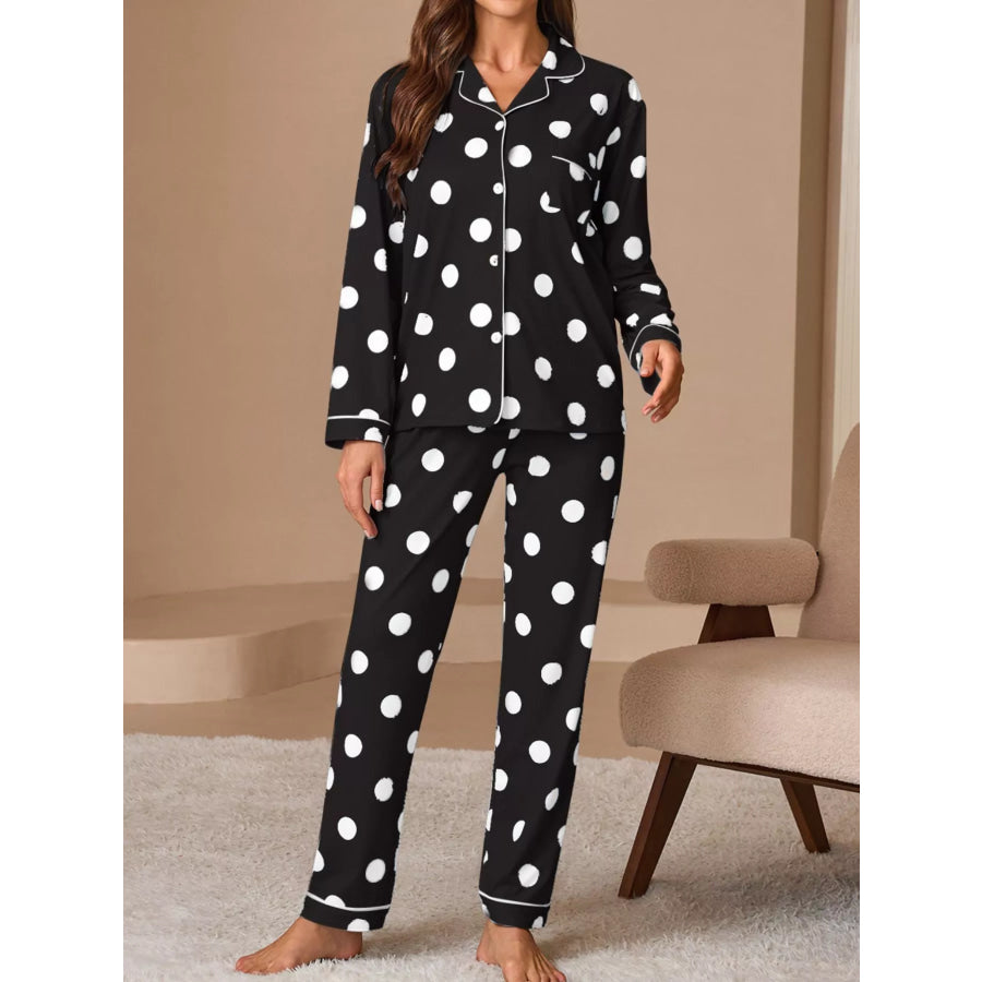 Polka Dot Button-Down Top and Pants Lounge Set Black / S Apparel and Accessories