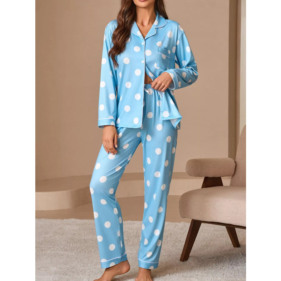 Polka Dot Button-Down Top and Pants Lounge Set Blue / S Apparel and Accessories