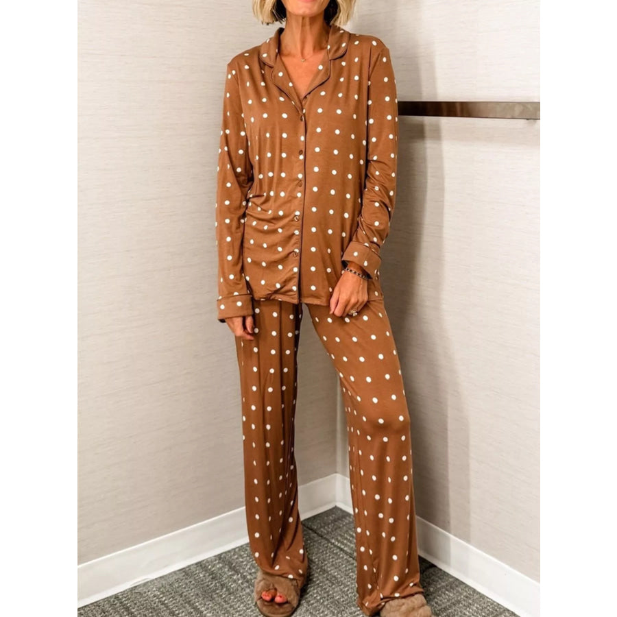 Polka Dot Button-Down Top and Pants Lounge Set Caramel / S Apparel Accessories