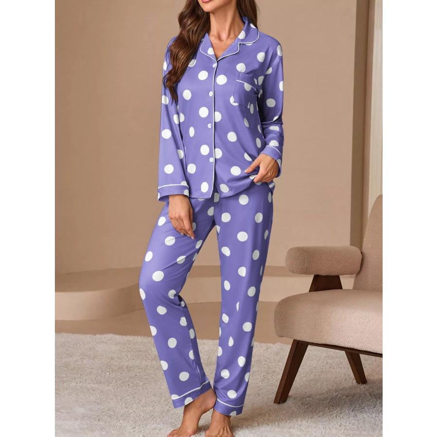 Polka Dot Button-Down Top and Pants Lounge Set Purple / S Apparel and Accessories