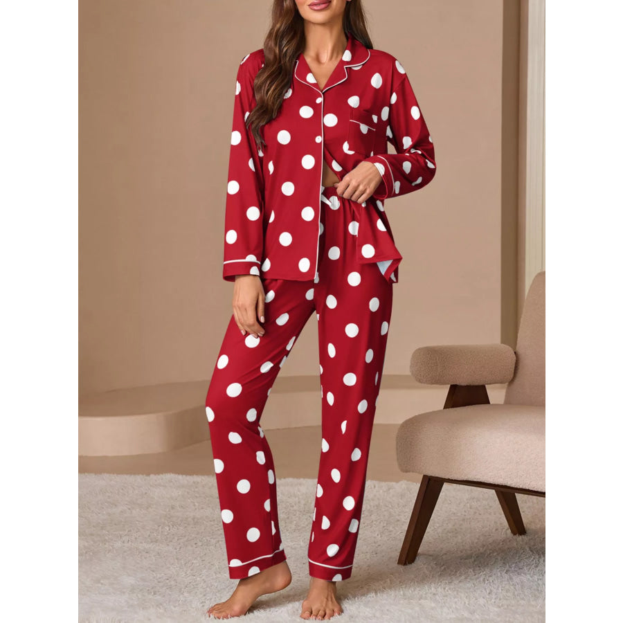 Polka Dot Button-Down Top and Pants Lounge Set Red / S Apparel and Accessories