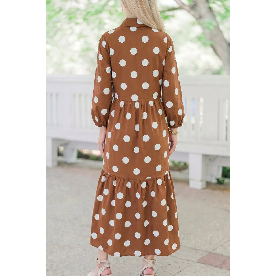 Polka Dot Button Front Long Sleeve Shift Dress Apparel and Accessories