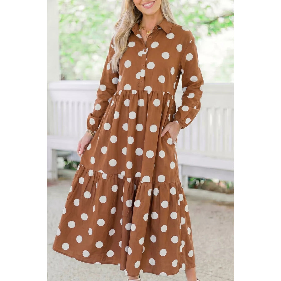 Polka Dot Button Front Long Sleeve Shift Dress Camel / S Apparel and Accessories