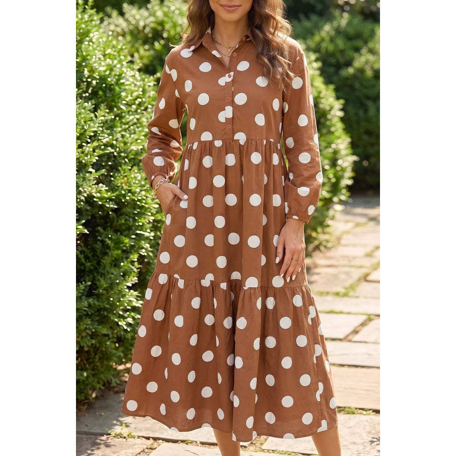 Polka Dot Button Front Long Sleeve Shift Dress Camel / S Apparel and Accessories