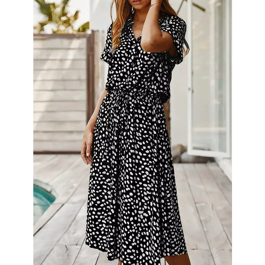 Polka Dot Button Front Midi Dress Black / S Apparel and Accessories