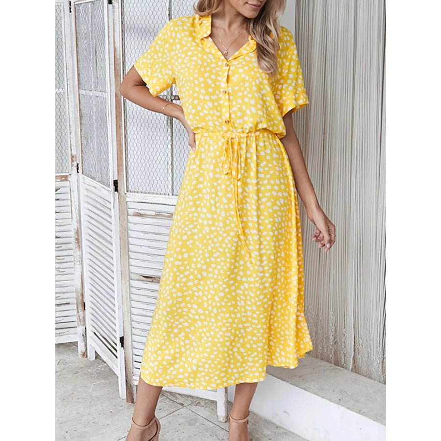 Polka Dot Button Front Midi Dress Yellow / S Apparel and Accessories