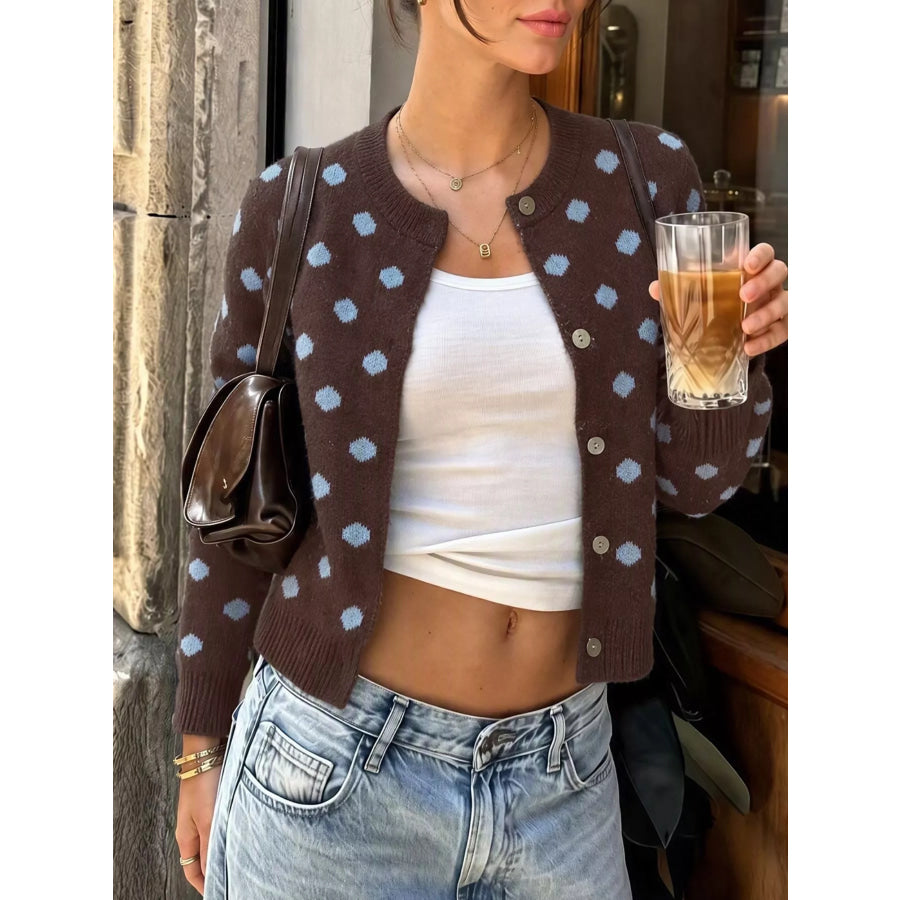 Polka Dot Button Up Cardigan Brown / S Apparel and Accessories