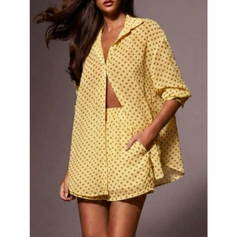 Polka Dot Button Up Shirt and Shorts Set Apparel and Accessories
