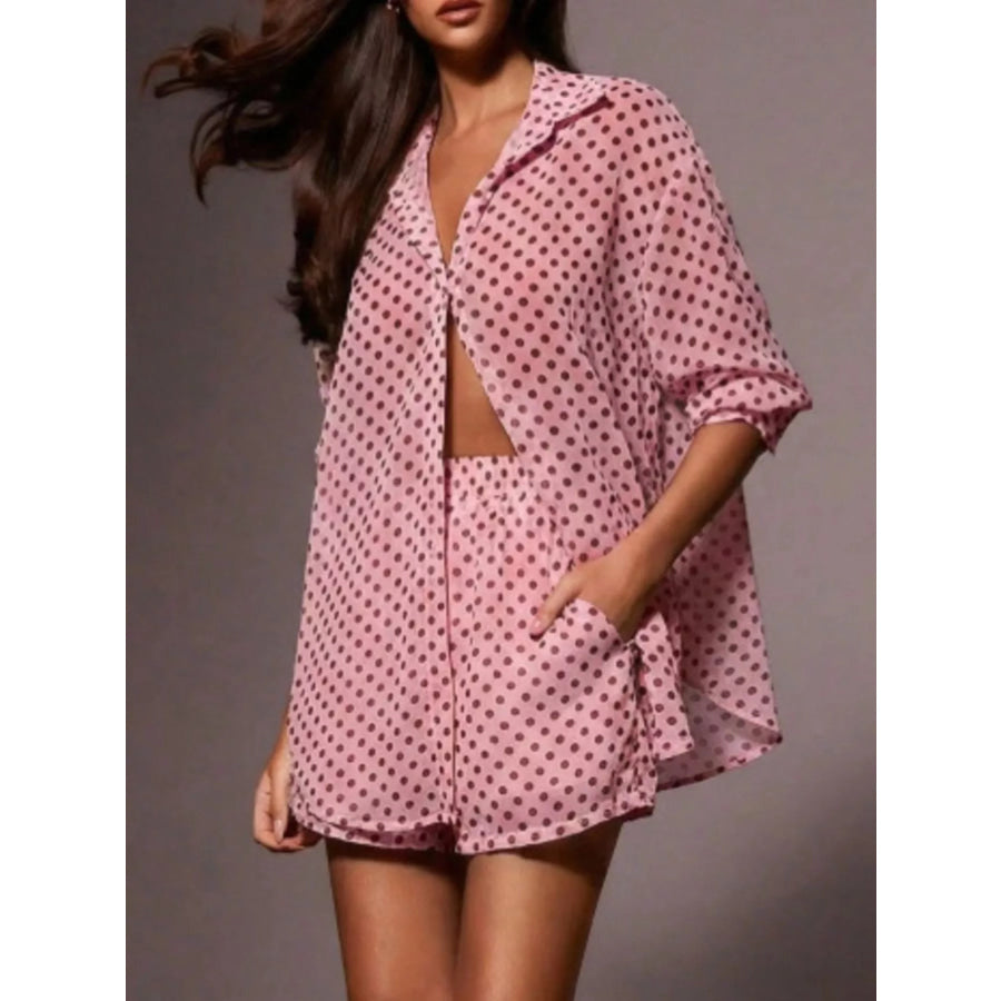 Polka Dot Button Up Shirt and Shorts Set Apparel and Accessories