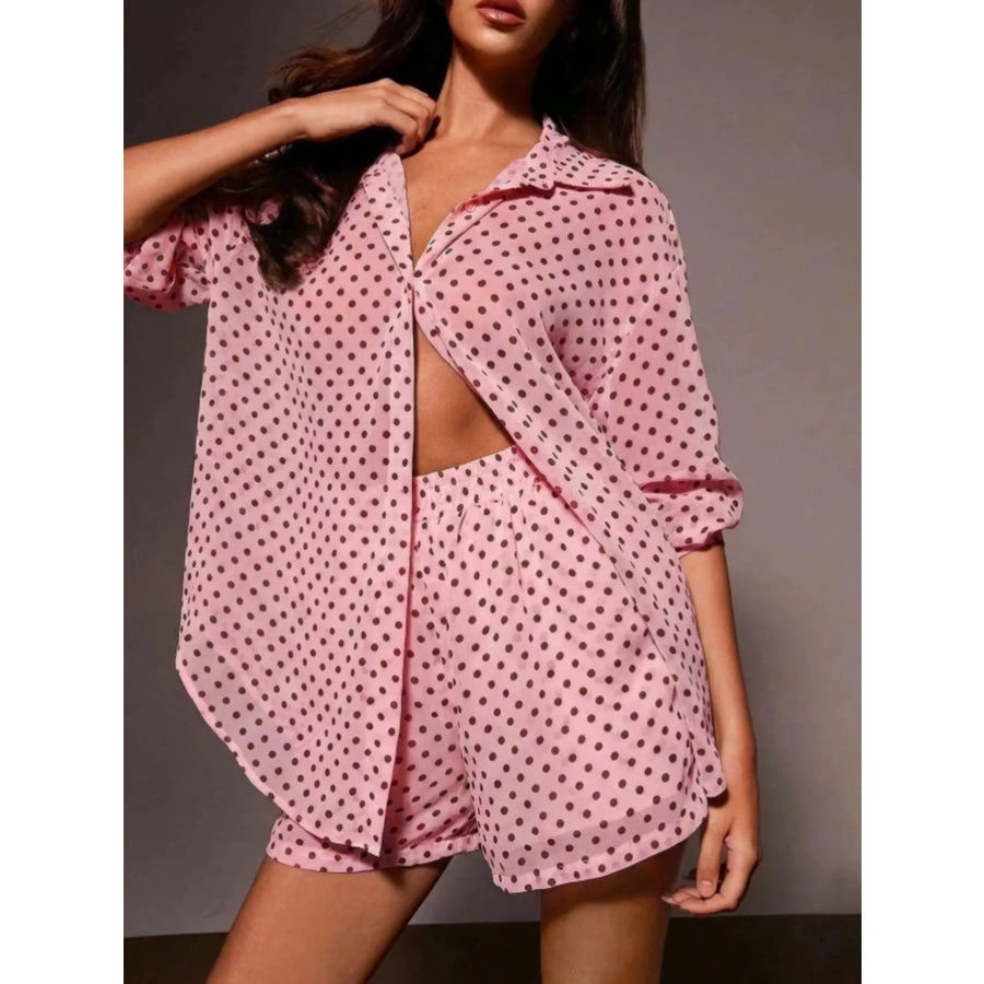 Polka Dot Button Up Shirt and Shorts Set Apparel and Accessories