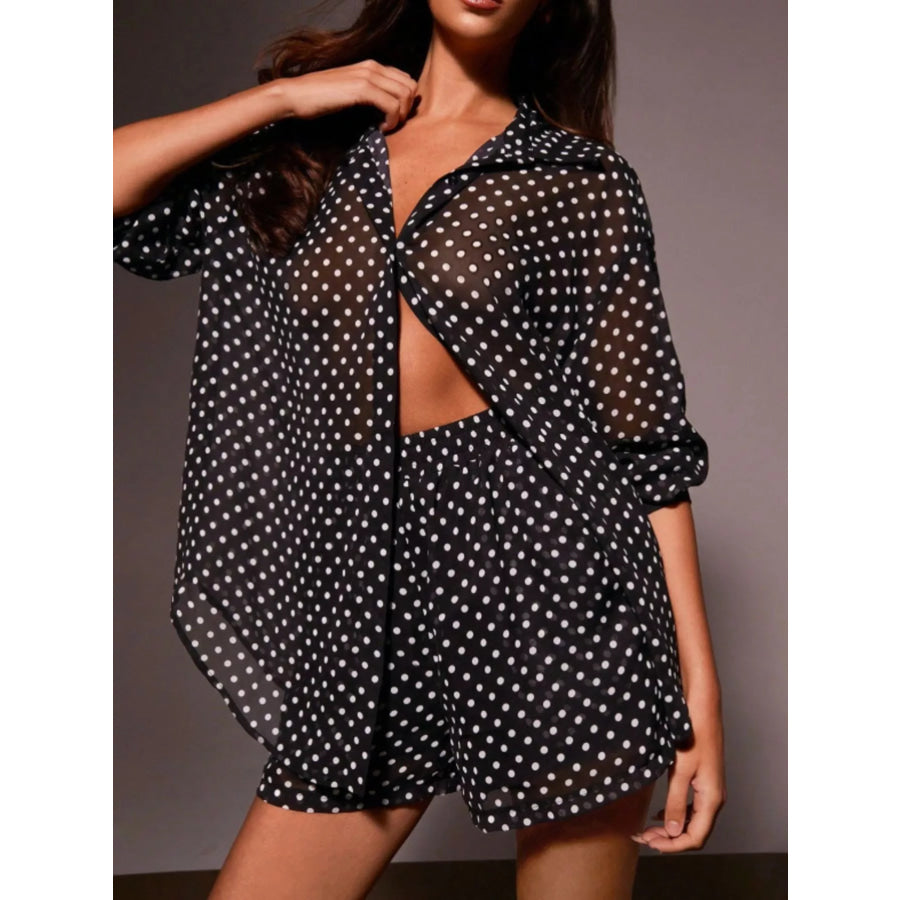 Polka Dot Button Up Shirt and Shorts Set Black / S Apparel and Accessories