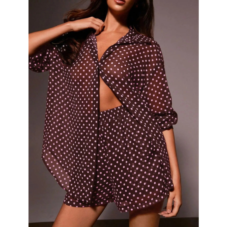 Polka Dot Button Up Shirt and Shorts Set Burgundy / S Apparel and Accessories
