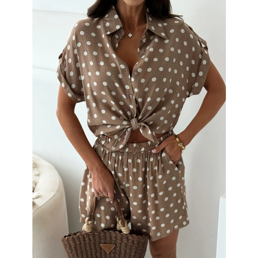 Polka Dot Button Up Shirt and Shorts Set Camel / S Apparel and Accessories